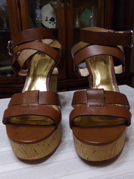 Coach Shoes - Coach Charla Tan Leather Strappy Platform Cork Wedge Shoes Size 10B (NO BOX)